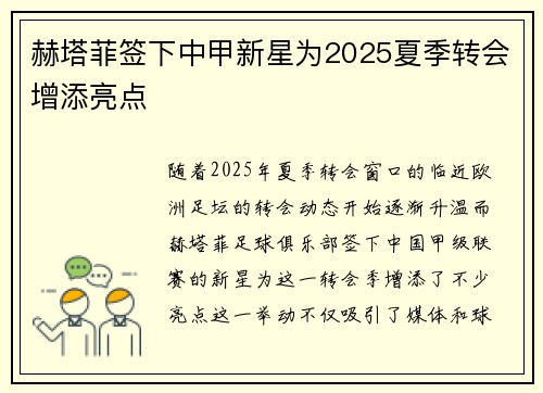 赫塔菲签下中甲新星为2025夏季转会增添亮点 赫塔菲签下中甲新星为2025夏季转会增添亮点