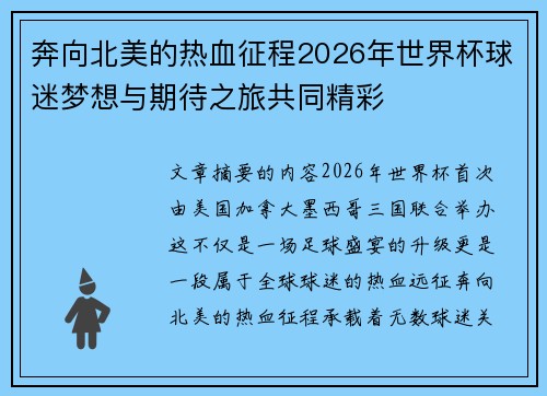 奔向北美的热血征程2026年世界杯球迷梦想与期待之旅共同精彩 奔向北美的热血征程2026年世界杯球迷梦想与期待之旅共同精彩