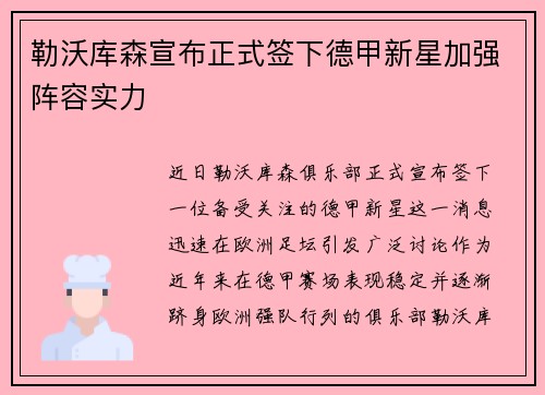 勒沃库森宣布正式签下德甲新星加强阵容实力 勒沃库森宣布正式签下德甲新星加强阵容实力